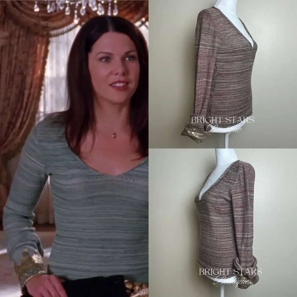 Brown Sweater Long Sleeve Gold Foiled Fold Back Cuffs ALT ASO Monica Lorelai